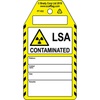 LSA Contaminated-tag, Engels, Zwart op wit, geel, 80,00 mm (B) x 150,00 mm (H)